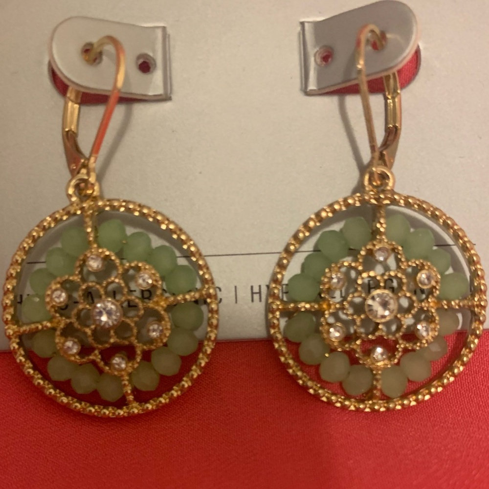 Green medallion Dangle earrings 2 inches long